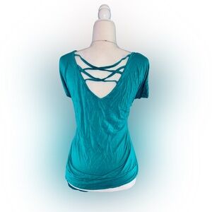 torrid Teal Short Sleeve Top with Crisscross Back Size 3X Soft Knit Curved Hem